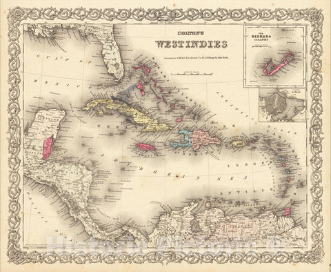 Historic Map : Colton's West Indies [Bermuda and Havana insets], 1864, G.W. & C.B. Colton, Vintage Wall Art