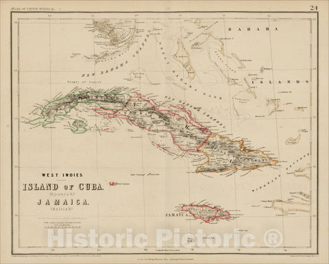 Historic Map : Island of Cuba (Spanish) and Jamaica (British) [also South Florida, Bahamas and Cayman Islands], 1857, Henry Darwin Rogers, Vintage Wall Art
