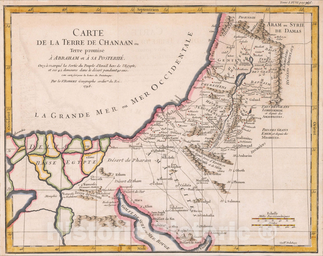 Historic Map : Carte de la Terre de Chanaan ou Terre promise a Abraham et a sa Posterite, 1748, 1748, Gilles Robert de Vaugondy, Vintage Wall Art