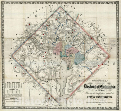 Historic Map : Topographical Map of the Original District of Columbia and Environs: Showing the Fortifications Around the City of Washington., 1862, , Vintage Wall Art