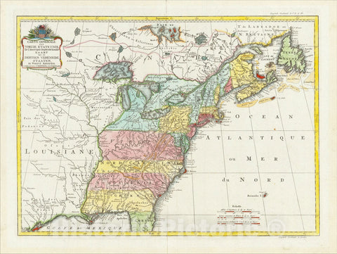Historic Map : Carte Generale des Treize Etats Unis de L'Amerique Septentrionale == Kaart van de Dertien Verenigde Staaten in Noord Amerika, ., c1780, Vintage Wall Art