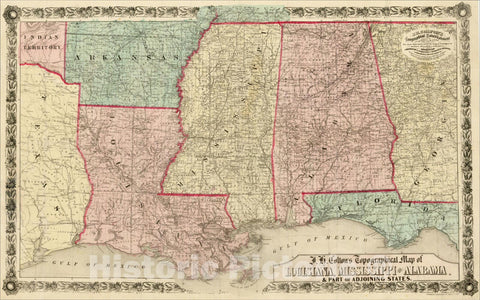 Historic Map : J.H. Colton's Topographical Map of Louisiana, Mississippi and Alabama. & Part of Adjoining States, c1863, , Vintage Wall Art