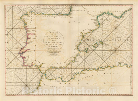 Historic Map : A Chart of the Coasts of Spain and Portugal, with the Balearic Islands, and Part of the Coast of Barbary. MDCCLXXX, 1780, William Faden, Vintage Wall Art