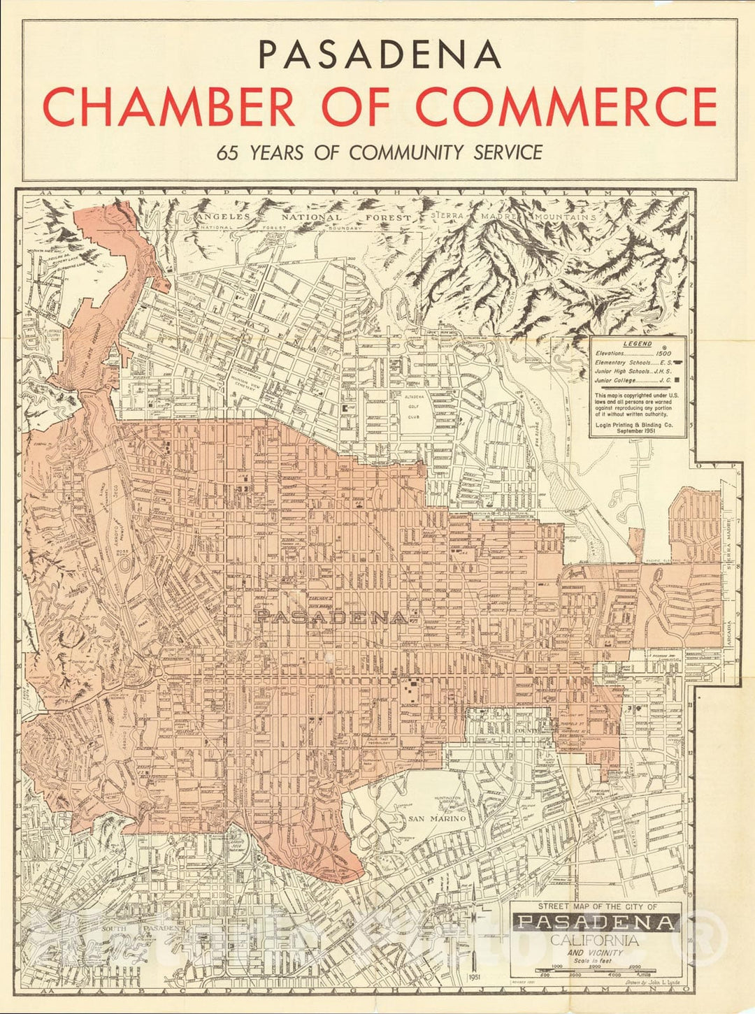 Historic Map : Street Map of the City Pasadena California and Vicinity, 1951, John L. Lynde, Vintage Wall Art