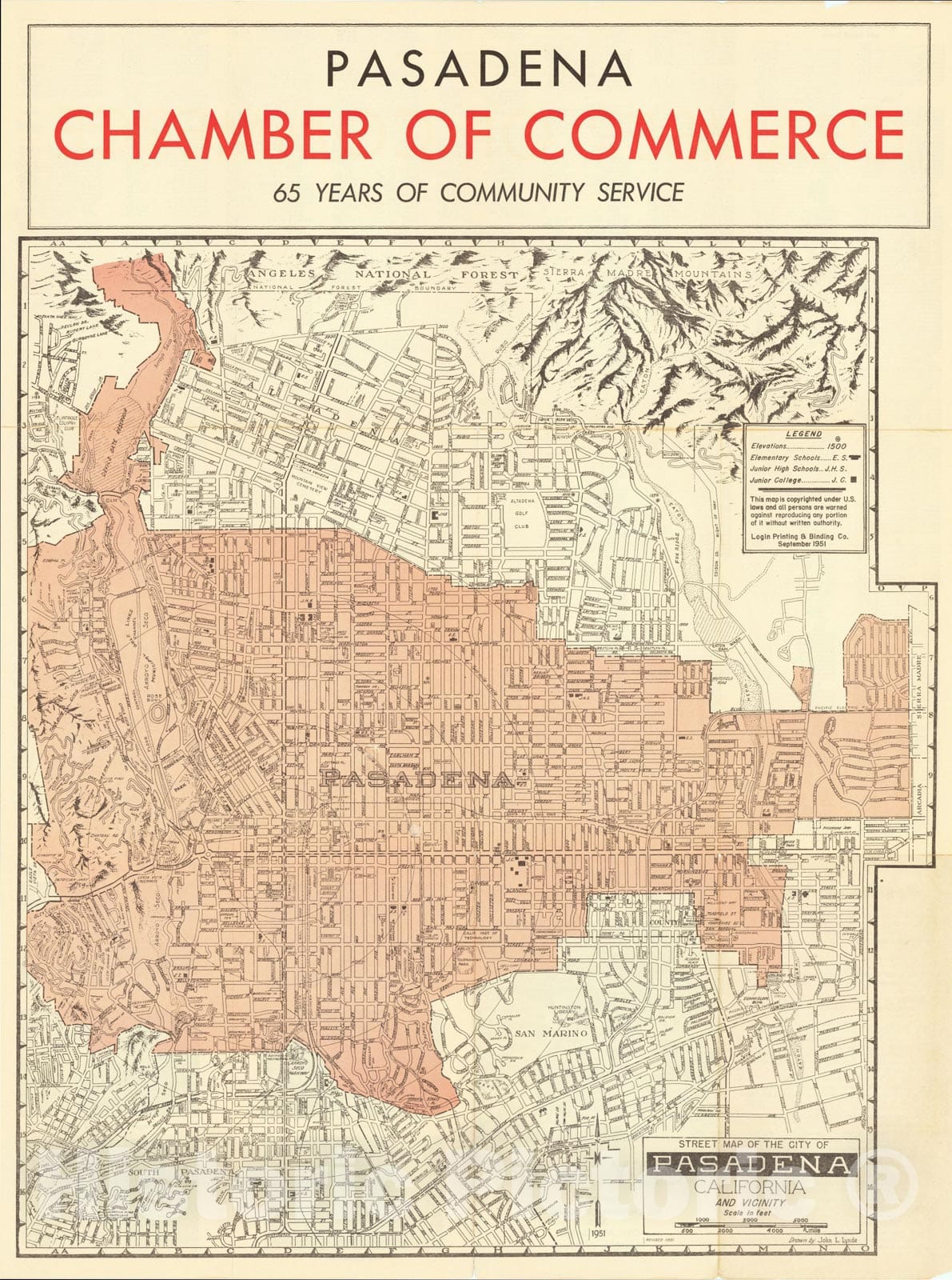 Historic Map : Street Map of the City Pasadena California and Vicinity, 1951, John L. Lynde, Vintage Wall Art
