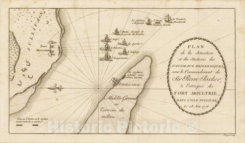 Historic Map : [Fort Moultrie] Plan de la Situation et des Stations des Vaisseaux Britanniques, 1787, Charles Picquet, Vintage Wall Art