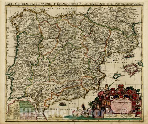 Historic Map : Carte Generale des Royaumes D'Espagne & de Portugal Avec Leurs Principales Divisions, (shows Balearic Islands), 1706, Pierre Husson, Vintage Wall Art