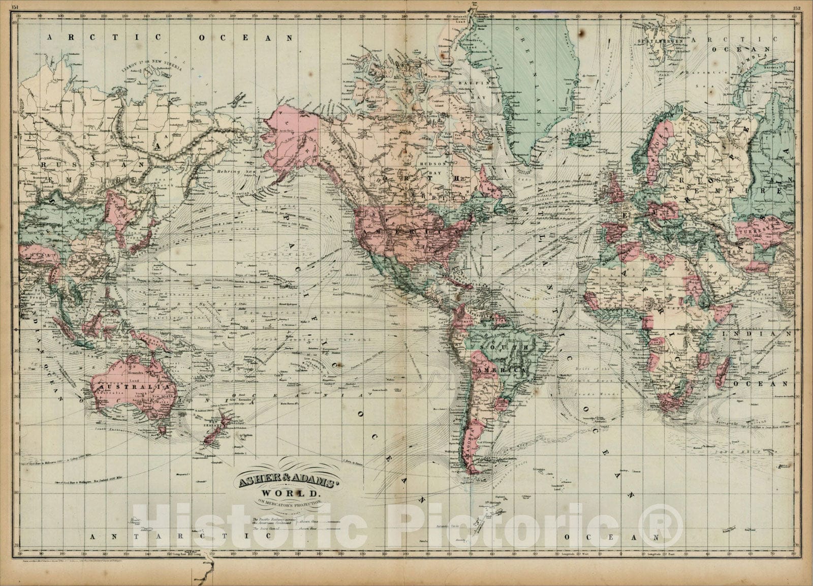 Adams World Map Historic Map : Asher & Adams' World on Mercator's Projection, 1875, As ...