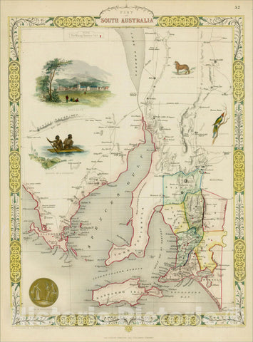 Historic Map : Part of South Australia, 1851, John Tallis, v3, Vintage Wall Art