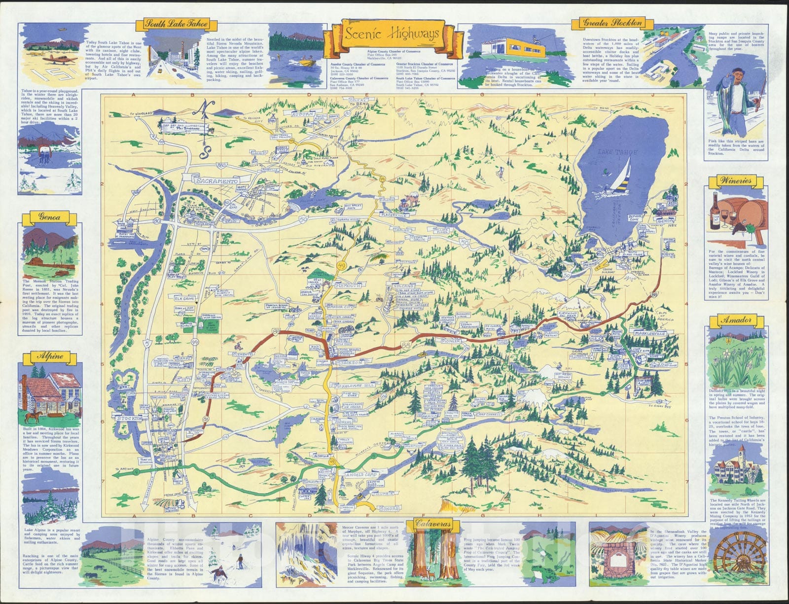 Historic Map : [Lake Tahoe - Sierra Nevada - Gold Country] Scenic Highways, c1970, , Vintage Wall Art