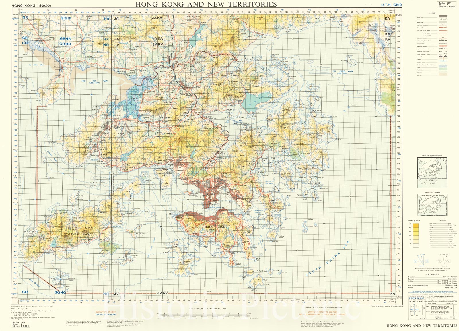 Historic Map : Hong Kong and New Territories, 1970, U.K. Ministry of Defence, Vintage Wall Art