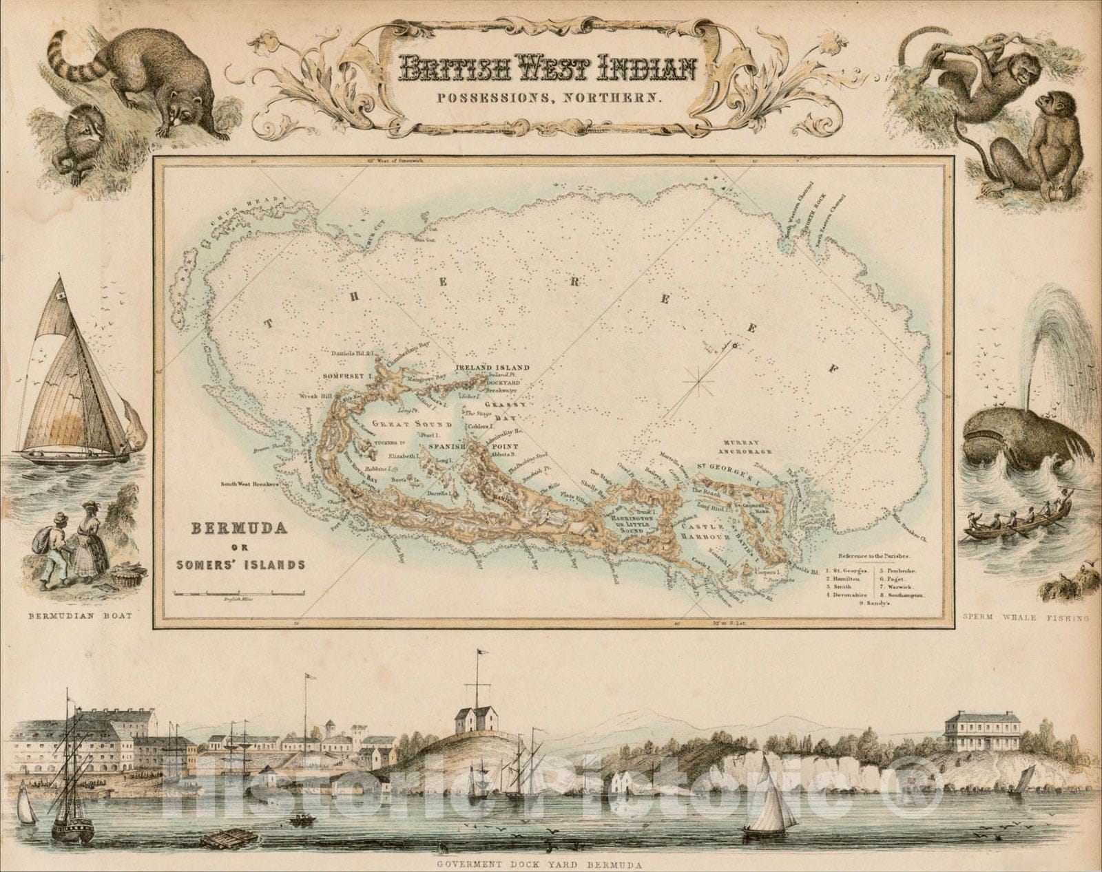 Historic Map : Bermuda or Somer's Island, c1860, Archibald Fullarton, Vintage Wall Art