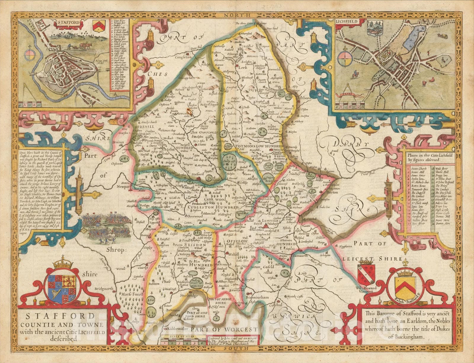 Historic Map : Stafford Countie and Towne with the ancient Citie Lichfield described, 1676, John Speed, Vintage Wall Art