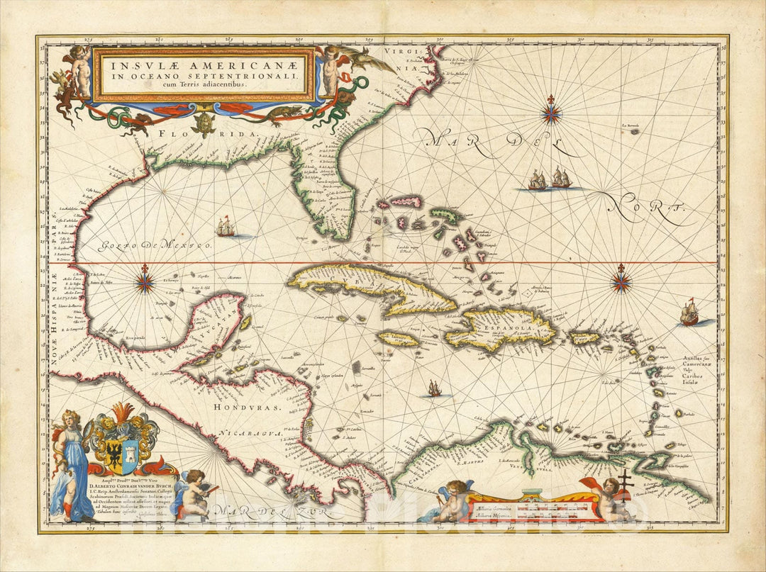Historic Map : Insulae Americanae in Oceano Septentrionali cum Terris adiacentibus, 1635, Willem Janszoon Blaeu, v2, Vintage Wall Art