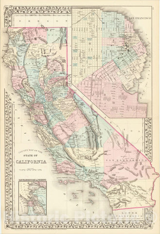 Historic Map : County Map of the State of California (with Large inset plan of San Francisco), 1881, Samuel Augustus Mitchell Jr., Vintage Wall Art