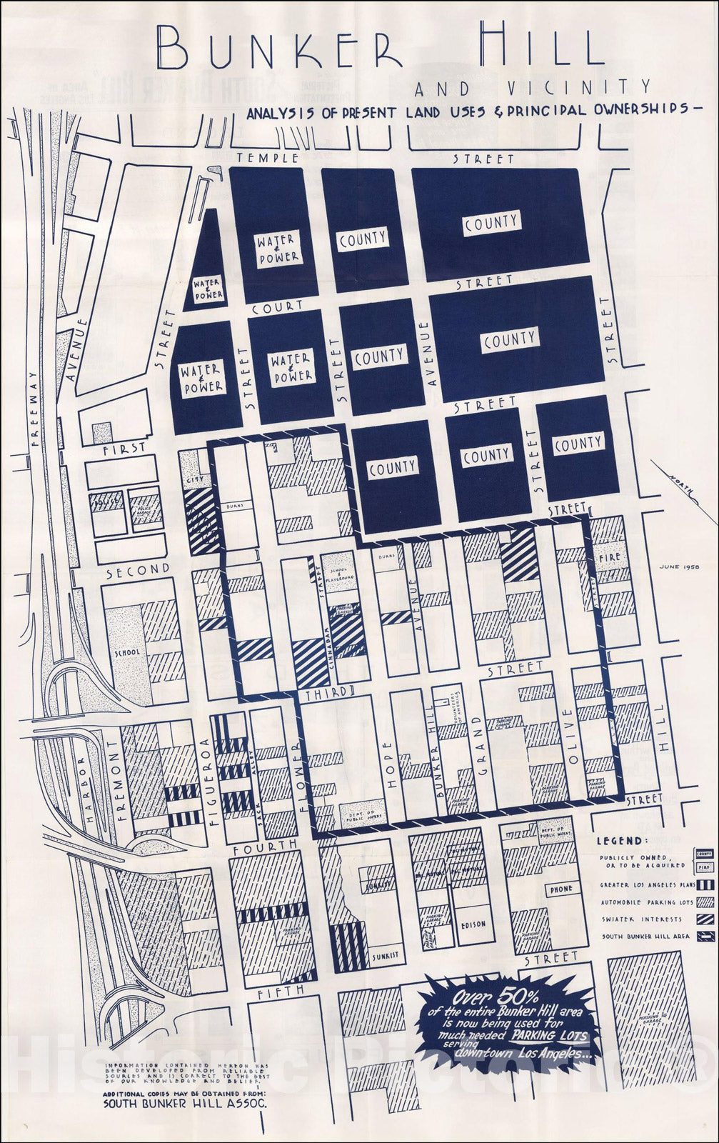 Historic Map : Bunker Hill and Vicinity Analysis of Present Land Uses & Principal Ownerships, 1958, South Bunker Hill Association, Vintage Wall Art