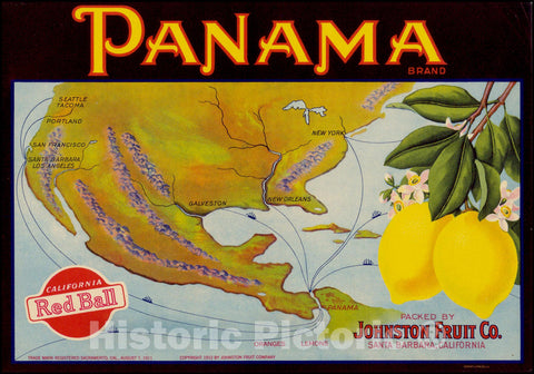Historic Map : [Fruit Crate Label Advertising Map] Panama Brand (North America & Panama Canal), 1912, Schmidt Label & Litho. Co., Vintage Wall Art