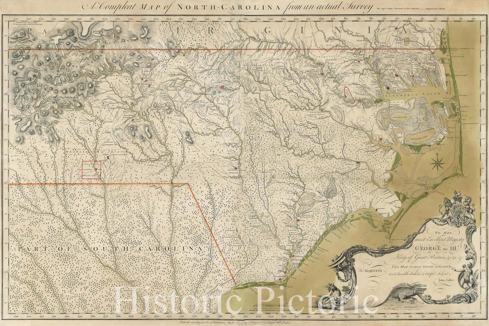 Historic Map : A Compleat Map of North-Carolina from an actual Survey. By Captn. John Collet, Governor of Fort Johnson., 1770, John Collet, Vintage Wall Art