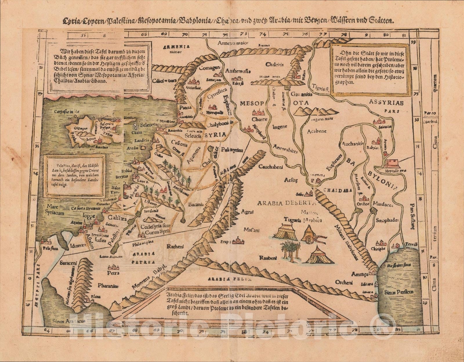Historic Map : Syria, Cypern, Palestina, Mesopotamia, Babylonia, Chaldea, und zwei Arabia mit Bergen, Wassern, Statten, 1552, Sebastian M?nster, Vintage Wall Art