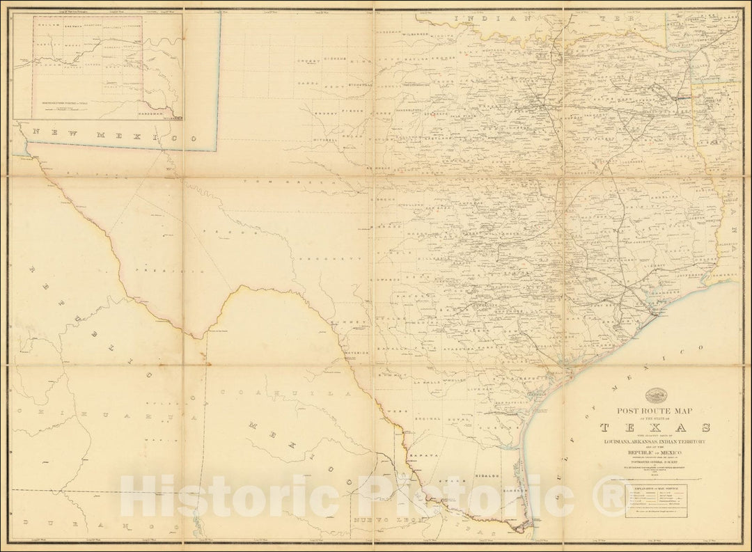 Historic Map : Post Route Map of the State of Texas with Adjacent Parts of Louisiana, Arkansas, Indian Territory, and the Republic of Mexico, 1878, Vintage Wall Art