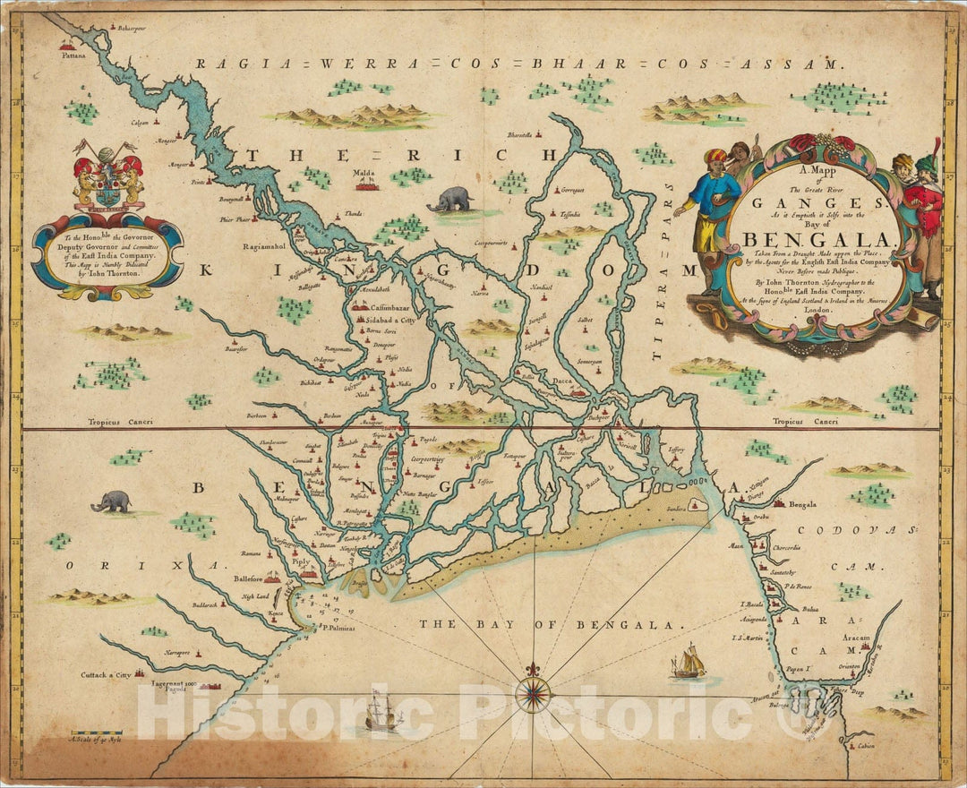 Historic Map : A Mapp of The Greate River Ganges As it Emptieth its Selfe into the Bay of Bengala, c1680, John Thornton, Vintage Wall Art