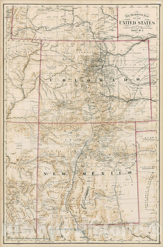 Historic Map : The Mammoth Map of the United States Sheet NO. 9 (Colorado, New Mexico etc.), c1877, , Vintage Wall Art