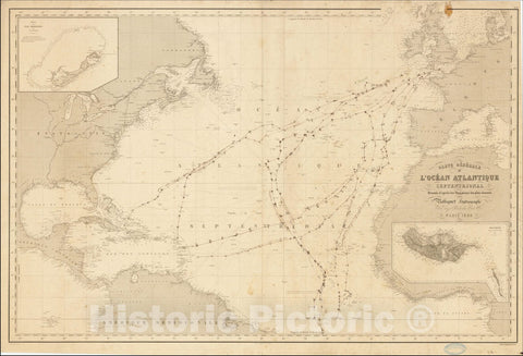 Historic Map : Carte Generale de L'Ocean Atlantique Septentrionale (large insets of Bermuda and Madeira), 1855, Aime Robiquet, v1, Vintage Wall Art