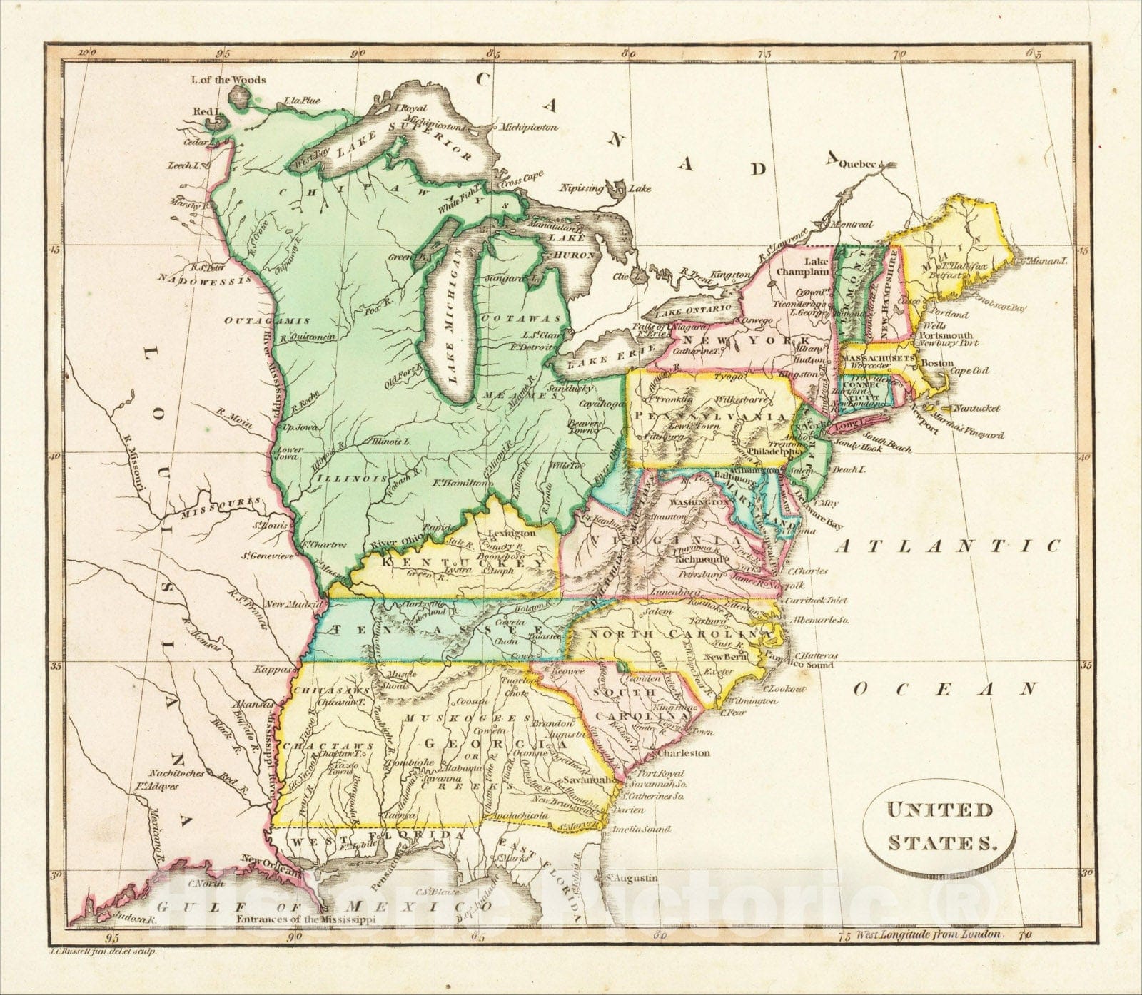 Historic Map : United States, 1798, John Russell, Vintage Wall Art