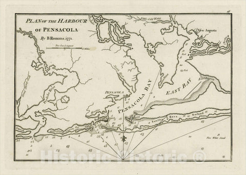 Historic Map : Plan of the Harbour of Pensacola By B. Romans. 1771, 1794, Sayer & Bennett, Vintage Wall Art