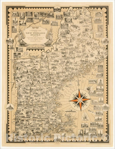 Historic Map : A Pictorial Map of the New England States USA, 1939, Ernest Dudley Chase, Vintage Wall Art