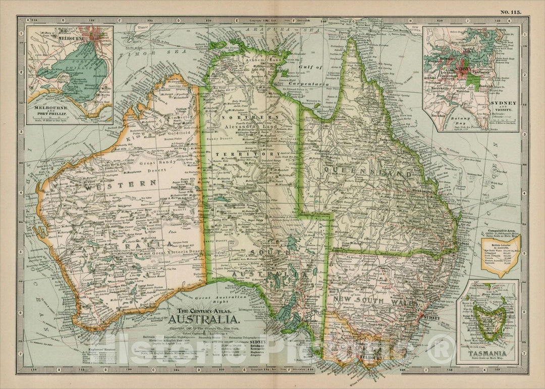Historic Map : Australia, 1897, The Century Company, Vintage Wall Art