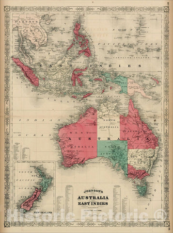 Historic Map : Johnson's Australia and East Indies [New Zealand inset], 1866, Alvin Jewett Johnson, Vintage Wall Art