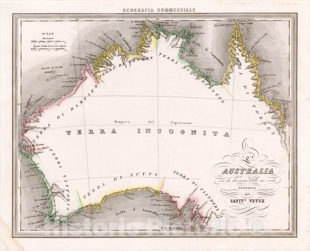 Historic Map : Australia con la divisione dell sue cesie Proposta dal Capito. Vetch, c1850, Francesco Marmocchi, v1, Vintage Wall Art