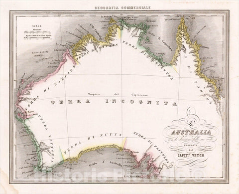 Historic Map : Australia con la divisione dell sue cesie Proposta dal Capito. Vetch, c1850, Francesco Marmocchi, v1, Vintage Wall Art