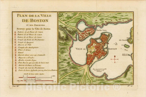 Historic Map : Plan De La Ville De Boston et ses Environs, 1764, Jacques Nicolas Bellin, v2, Vintage Wall Art
