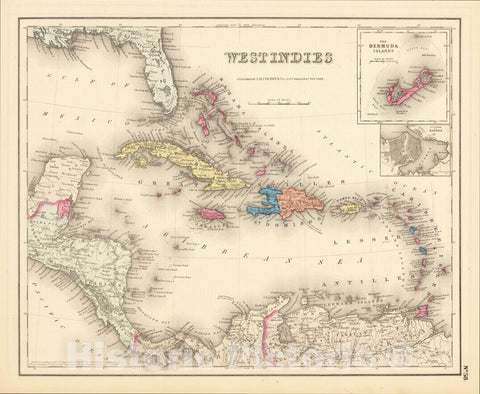 Historic Map : West Indies [Bermuda and Havana insets), 1857, Joseph Hutchins Colton, Vintage Wall Art