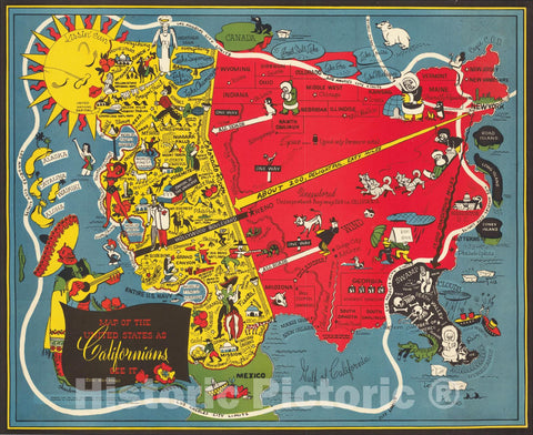 Historic Map : Map of the United States as Californians See It., 1947, Oren Arnold, v2, Vintage Wall Art