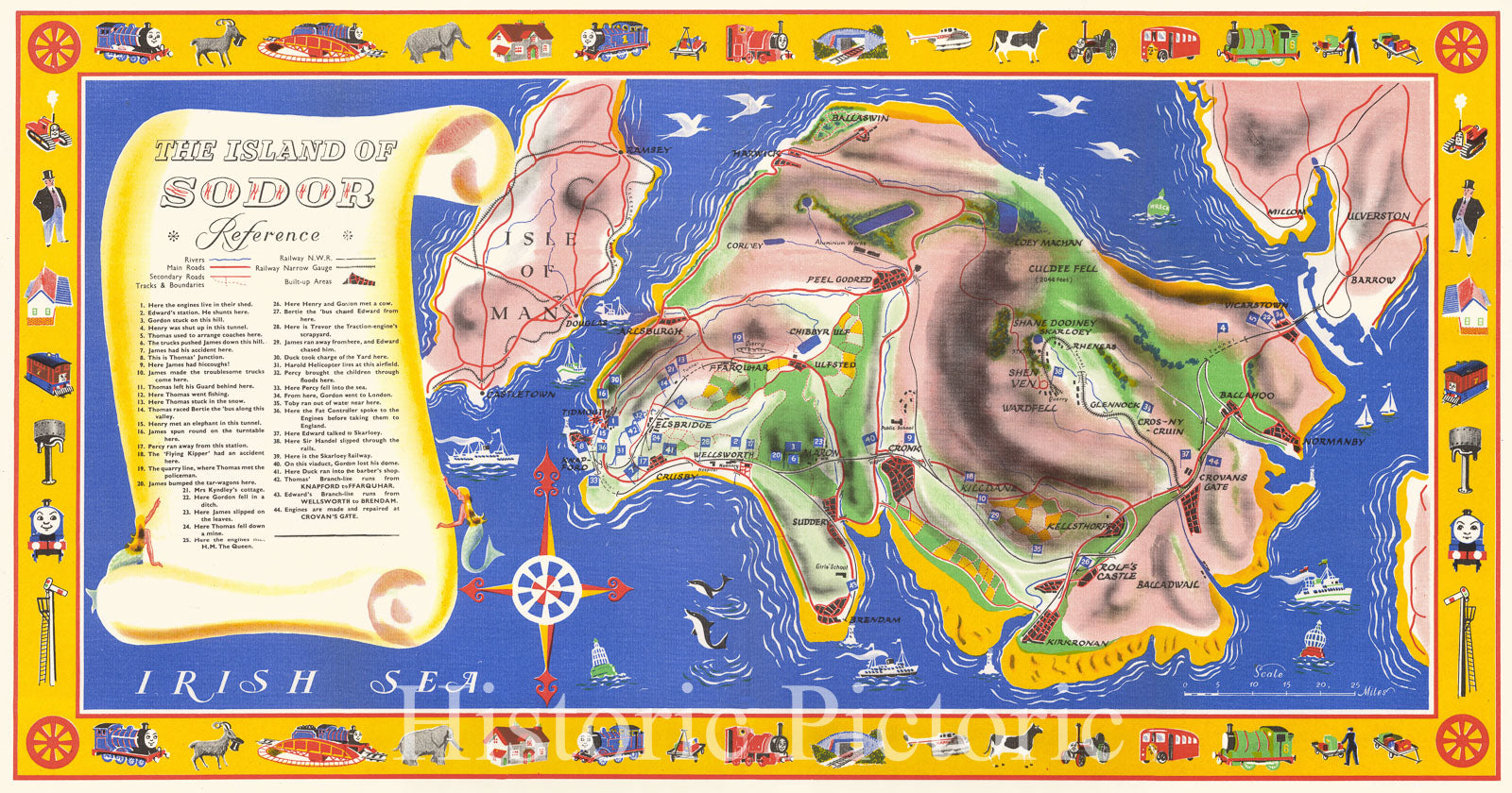 Historic Map : Railway Map of the Island of Sodor. Where Thomas The Tank Engine and His Friends Have Their Adventures, c1950, PR Wickham, Vintage Wall Art