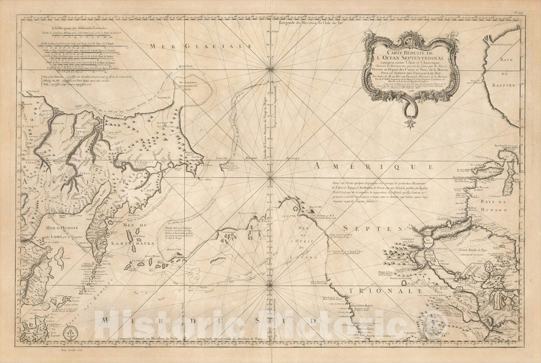 Historic Map : Carte Reduite De L'Ocean Septentrional compris entre l'Asie et l'Amerique, 1766, Jacques Nicolas Bellin, Vintage Wall Art