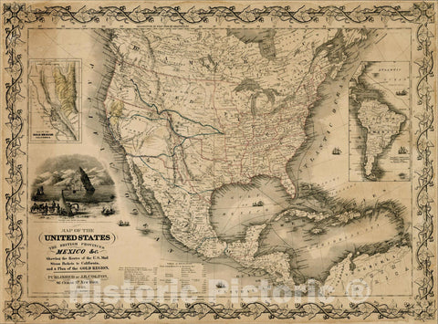 Historic Map : Map of the United States, The British Provinces, Mexico &c. Showing the Routes of the U.S. Mail Steam Packets to California, 1849, , Vintage Wall Art