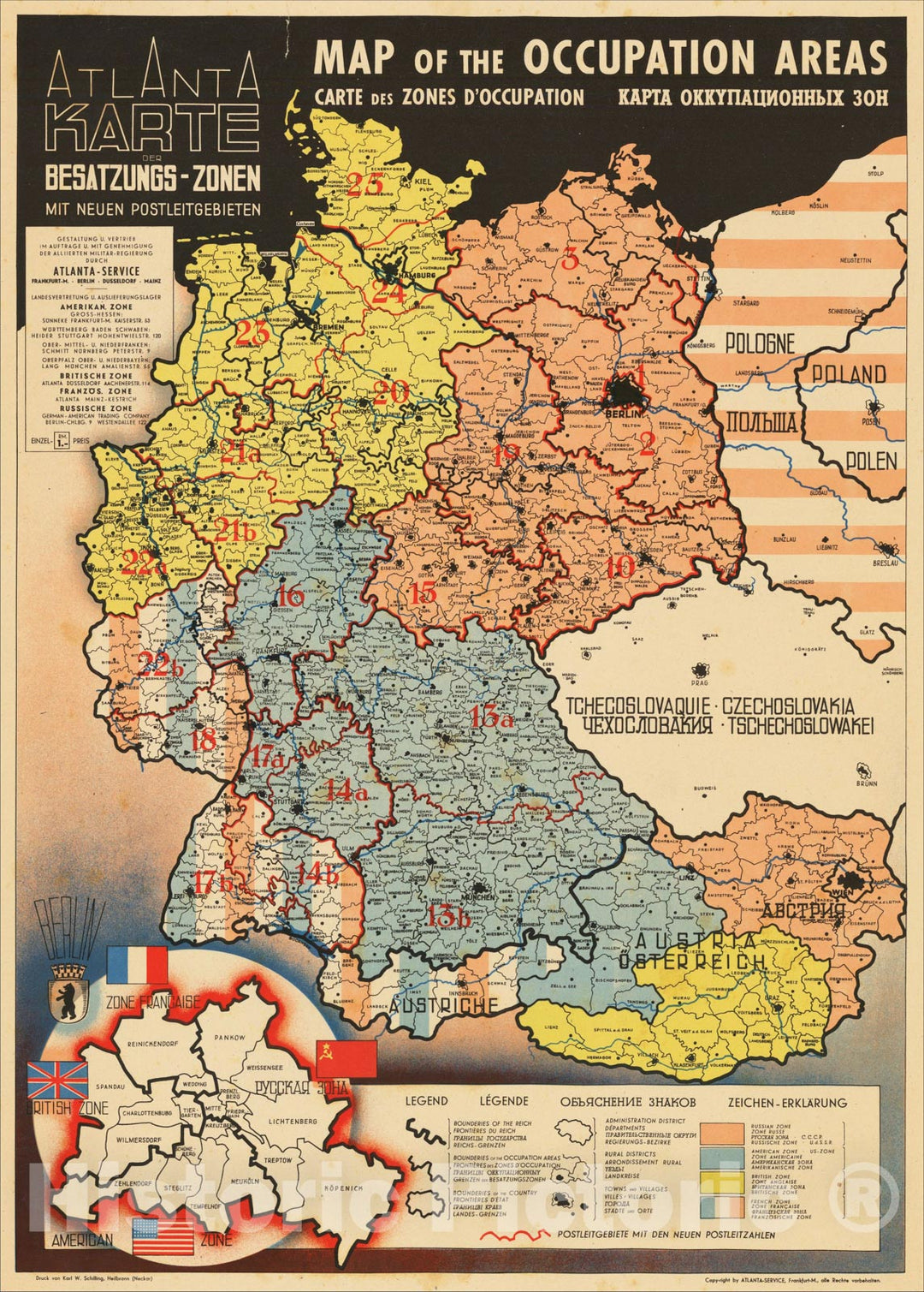 Historic Map : Map of the Occupation Areas - Carte des Zones D'Occupation - ????? ????????????? ???, 1945, Atlanta Map, v2, Vintage Wall Art
