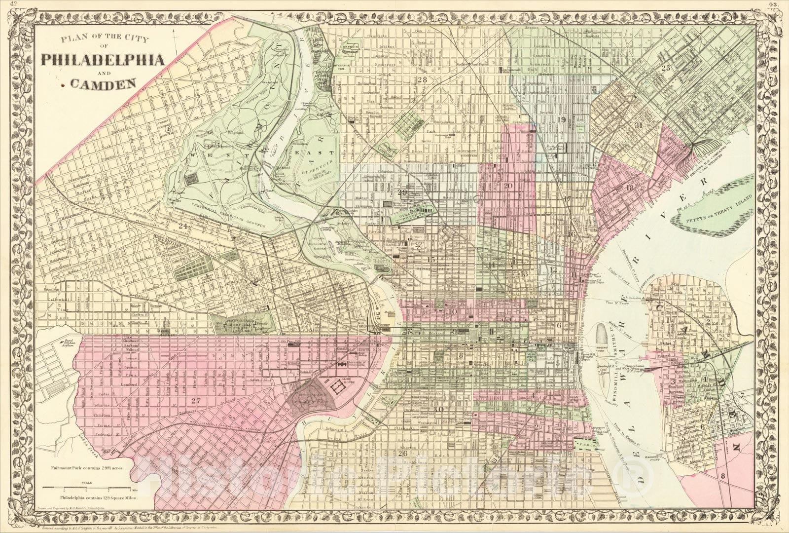 Historic Map : Plan of the City of Philadelphia and Camden, 1882, Samuel Augustus Mitchell Jr., Vintage Wall Art