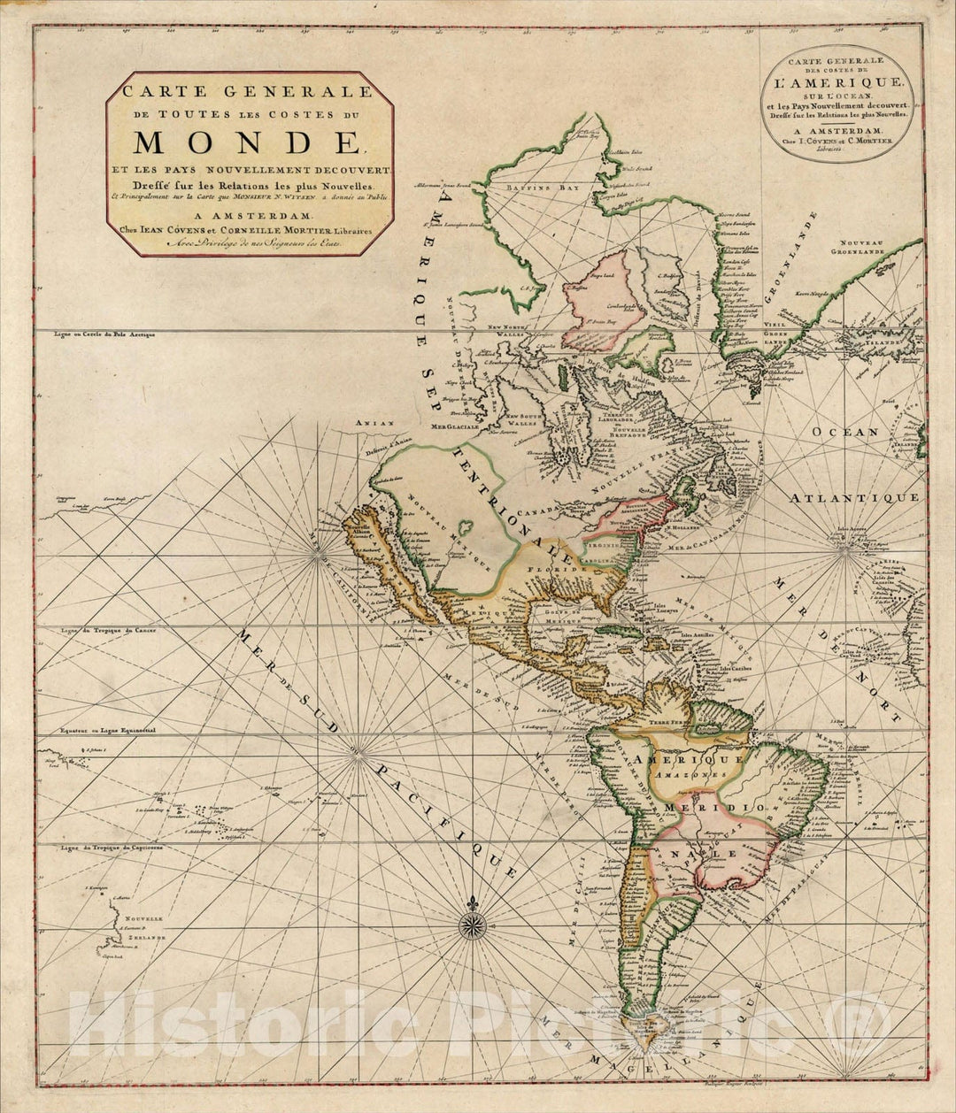 Historic Map : Carte Generale Des Costes De L'Amerique Sur L'Ocean, et les Pays Nouvellement decouvert, 1703, , Vintage Wall Art