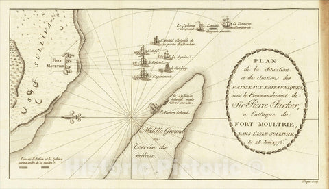 Historic Map : [Fort Moultrie] Plan de la Situation et des Stations des Vaisseaux Britanniques, 1787, Charles Picquet, Vintage Wall Art