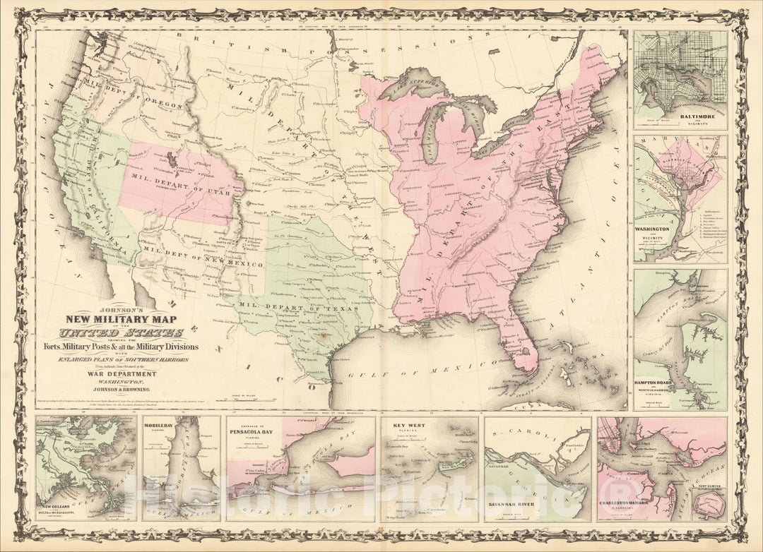 Historic Map : Military Map of the United States Forts, Military Posts & all the Military Divisions with Enlarged Plans of the Southern Harbors, 1861, Vintage Wall Art