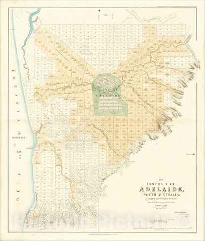 Historic Map : The District of Adelaide, South Australia. from the Trigonometrical Surveys of Colonel Light late Survr. Genl., 1839, Vintage Wall Art