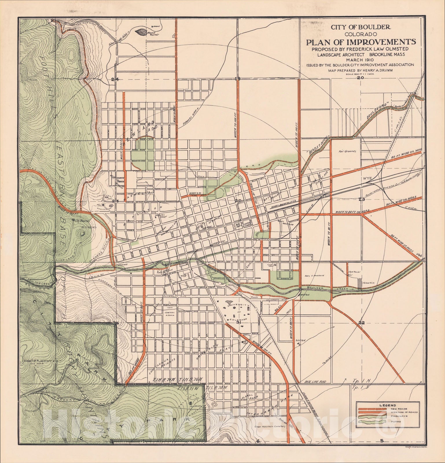 Historic Map City of Boulder Colorado Plan of Improvements Proposed