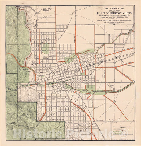 Historic Map : City of Boulder Colorado Plan of Improvements Proposed By Frederick Law Olmsted Landscape Architect Brookline Mass March 1910, 1910, Vintage Wall Art