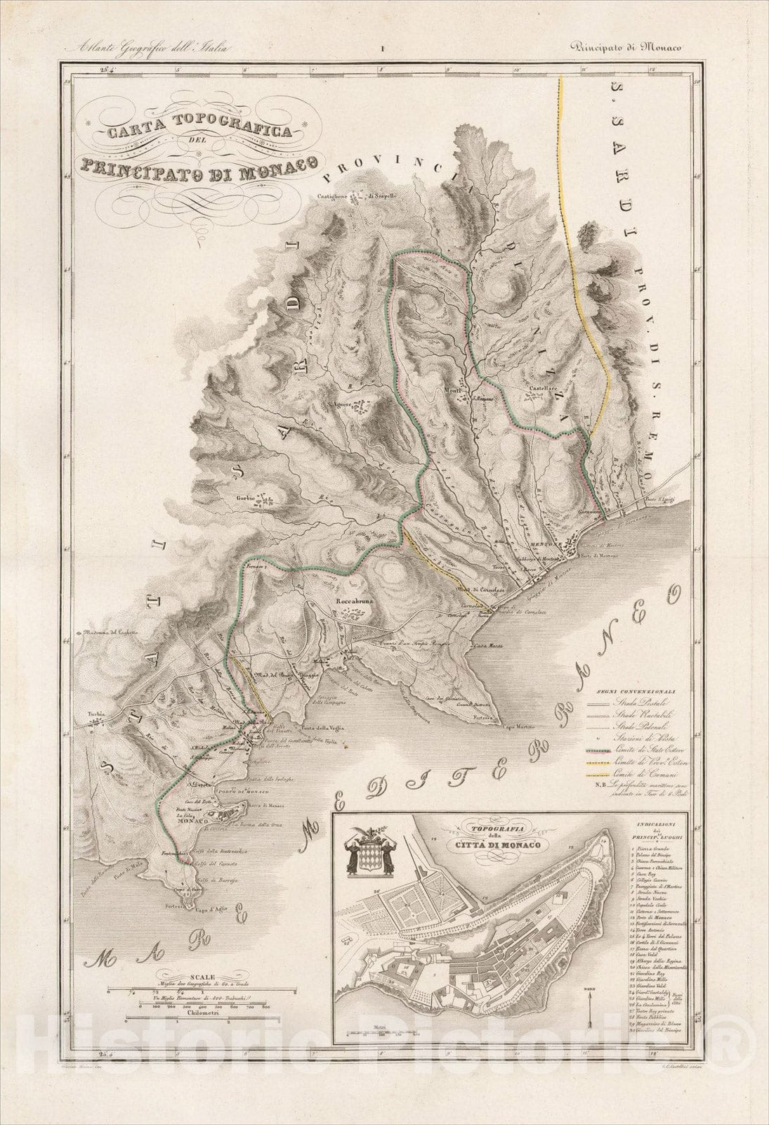 Historic Map : Carta Topografica del Principato di Monaco. [With inset:]  Topografia della Citta di Monaco, c1844, Attilio Zuccagni-Orlandin, Vintage