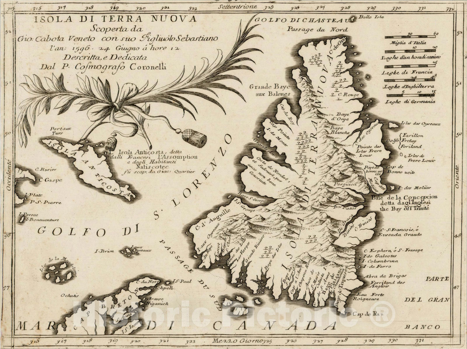 Historic Map : Isola Di Terra Nuova Scoperta da Gio: Cabota Veneto con suo Figliuso Sebastiano l'an 1596 24 Giugno a hore 12 , c1690, Vintage Wall Art